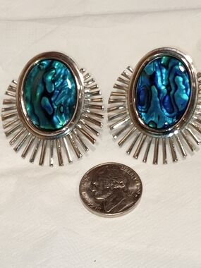 Vintage Abalone/Enamel Oval Earrings in Blue with Silver Tone Accents/Clip On